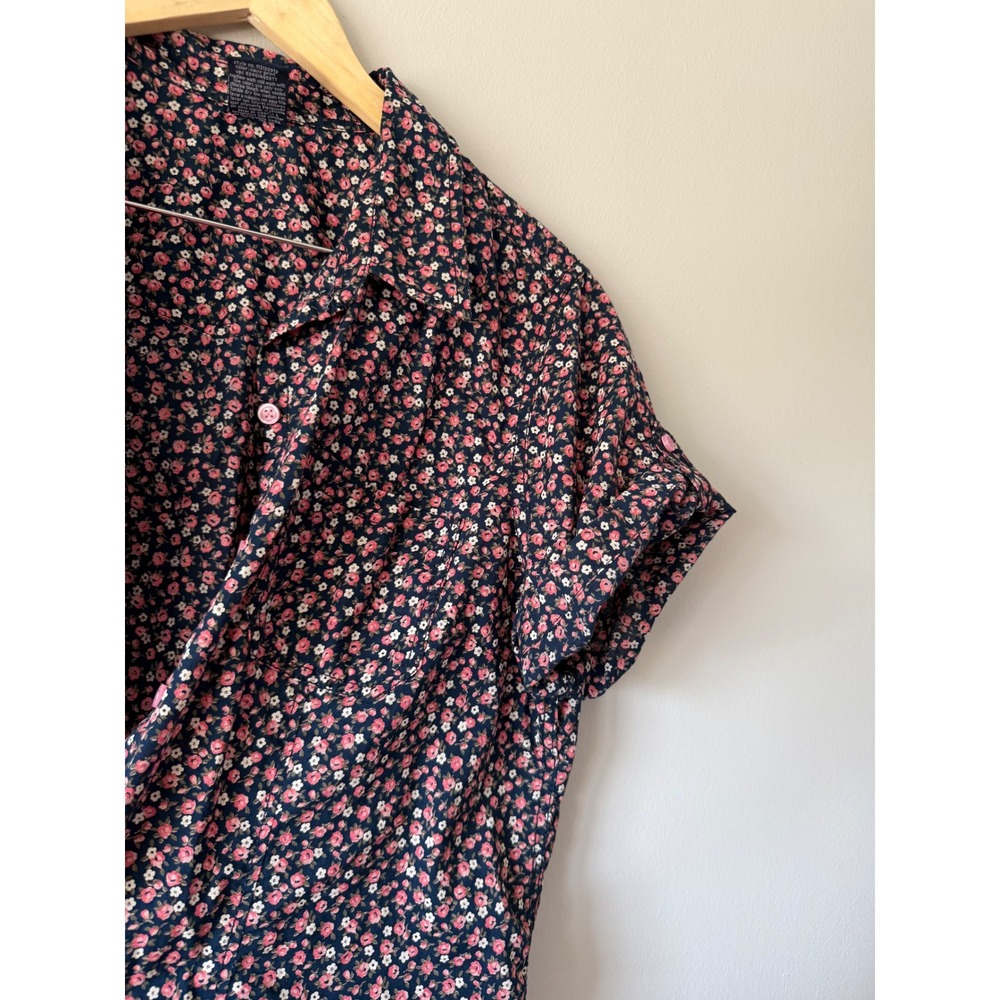 Faded Glory Navy Blue Pink Floral Button Down Shirt Roll Tab Sleeve XXL 20 - Picture 8 of 11